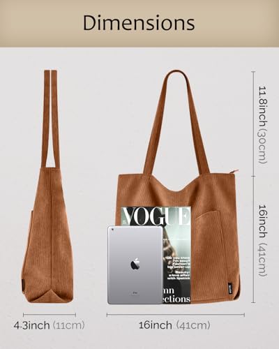 Image of Prite Corduroy Tote Bag for Women Large Shoulder Bag with Zipper and Pockets for College School Work Travel Shopping