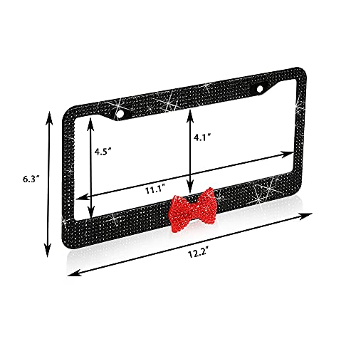 2 Pack Bling License Plate Frame，Handcrafted Bling Rhinestone Premium Stainless Steel License Plate Frame，14 Facets Clear Color Rhinestone Crystal (Black&Red-Bow) #TOP5