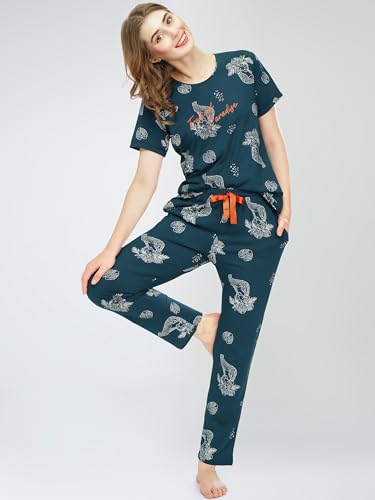 Image of ZEYO Night Suit for Women's Floral & Cheetah Printed Cotton Night Dress of Top and Pajama Set 5779