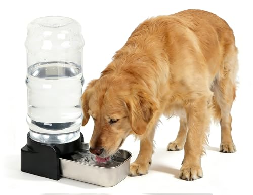 PAKEWAY Large Capacity Gravity Water Dispenser for Dogs, 2.3 Gallon Stainless Steel Pet Water Bowl for Medium & Large Pets, Low Refill Automatic Waterer with Filters