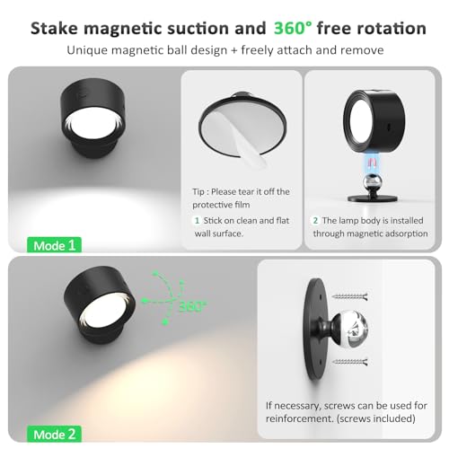 Image of Racokky LED Wall Lights 2 Pcs with Remote, Wall Sconces Lighting 3000mAh Rechargeable Battery Operated, 3 Color Temperatures & Dimmable Magnetic 360 Rotation Cordless Lamp for Bedroom Hallway(Black)