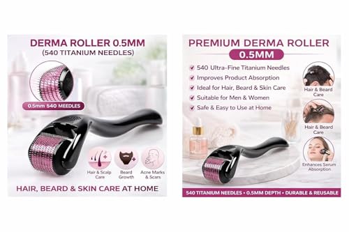Image of Derma Roller 0.5mm for Hair & Beard Growth - 540 Titanium Micro Needles for Hair Regrowth, Beard Growth, Acne Scar Reduction & Skin Rejuvenation - Safe for Men & Women (G-Black)
