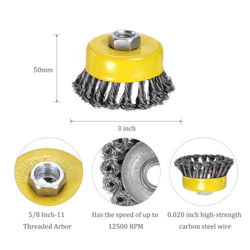 Image of 2 Pcs Twisted Knotted Wire Cup Brush for Angle Grinder - [3 Inch] for Paint Stripping Cleaning Rust Duty Abrasive, 5 /8 Inch-11 Threaded Arbor, .020 Carbon Steel Wire, Yellow