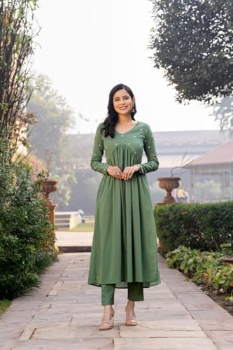 Image of Women's Dhanna Fashion Long Cut Salwar Suit with White Polka Dots,Full Sleeves, V-Neck,, Rayon