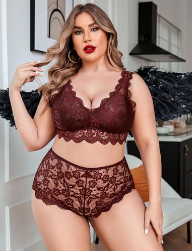 Image of Avidlove Plus Size Lingerie Set for Women Sexy Lace Halter Bralette High Waist Panty Set