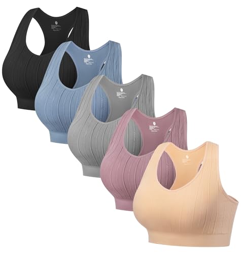 HBselect 5 Pack Sport Bras for Women, Seamless Comfortable Yoga Bra with Removable Pads