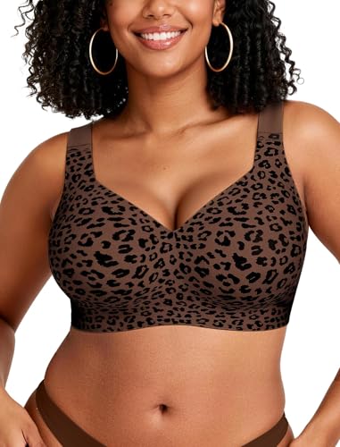 OEAK Womens Wireless Bras Supportive Seamless Full Coverage Bra Push Up Comfortable Bra No Underwire Everyday Tshirt Bras Coffee Leopard 3XL