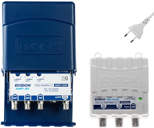 EDISION MAK-300 Kit: Amplificador Antena TV de mástil 2UHF, 1VHF/FM, 17-32db, 107dBmV, 24V, para Digital Terrestre DVB-T/T2, con Filtro 5G LTE, + Fuente de Alimentación 24V 200mA F 2 Salidas