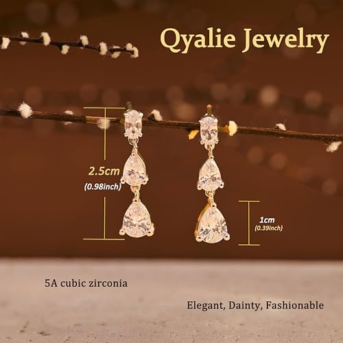 Qyalie Dangle Drop Earrings for Women Wedding Bridal Rhinestone Long Cubic Zircon Dangling Crystal Chandelier Sparkly 14K Gold Plated Dainty Trendy Jewelry (Gold-CZ-Teardrop)