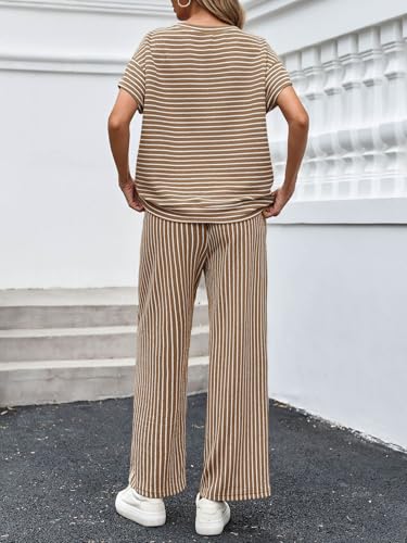 Image of Tankaneo Womens Striped 2 Piece Sets Short Sleeve T Shirts Wide Leg Pants Matching Lounge Set with Pockets