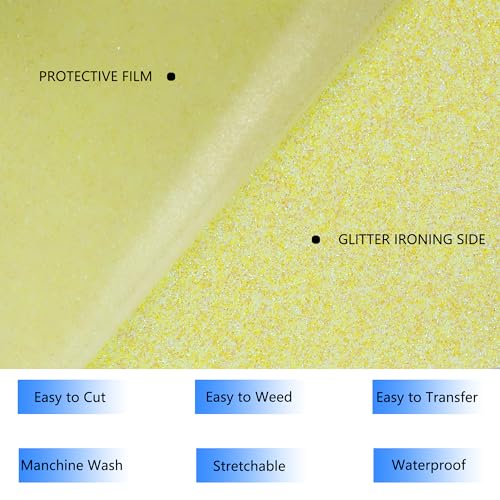Image of HTVVETUR Glitter Yellow Heat Transfer Vinyl, Glow in The Dark HTV Vinyl Roll 12 inch x 9ft, Easy to Cut & Weed for Heat Press DIY Craft