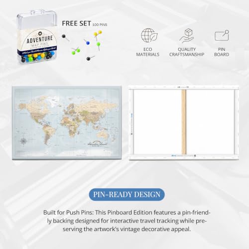 Image of IPIC Blue Ocean World Travel Map with Pins, World Map Pin Board, 42x28 in