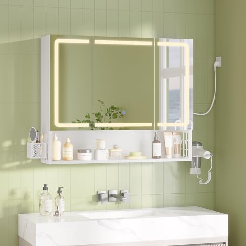 FORABAMB Spiegelschrank Bad mit LED-Beleuchtung & Steckdose 80 cm Breit, Badezimmerschrank mit 3 Türen, Verstellbarem Regal, 3 Farbtemperatur dimmbare, Badezimmer Spiegelschrank, 80×16×70 cm, Weiß