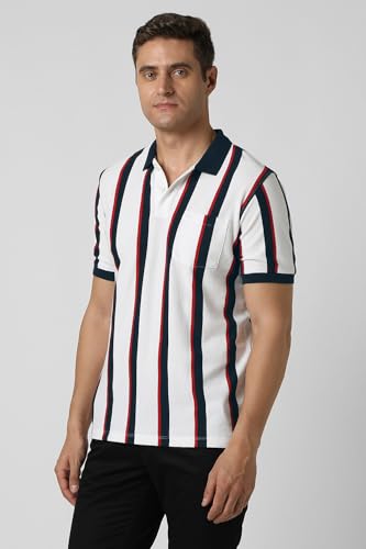 Image of Peter England Men's 100% Cotton Vertical Striped Polo T-Shirt - Casual Wear | Sleek & Comfortable