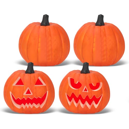 Lanpn 6 Inch Halloween Carvable Pumpkin 4 Pcs, Large Light up LED Artificial Foam Carved Pumpkins Jack O Lantern with Emoji Templates Paints for Fall Autumn Thanksgiving Harvest Indoor Decor