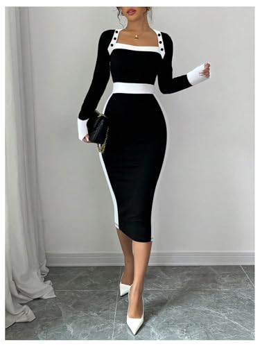 SOLY HUX Women's Long Sleeve Square Neck Bodycon Elegant Midi Dress Pencil Cocktail Party Dresses3
