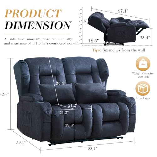 Image of Loveseat Recliner Sofa,RV Wall Hugger Recliners for Small Spaces,Reclining Loveseat Sofa Recliner with Cup Holders /Lumbar Pillows,RV Furniture (Velvet Blue, 56 inch 2-Seater)