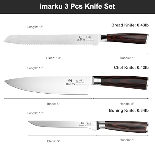Image of imarku 3 Pieces Knife Set, Professional Razor Sharp Kitchen Knives | Japanese High Carbon Steel Chef Knife 8 inch, Non-slip Cooking Knives with Ergonomic Pakkawood Handle