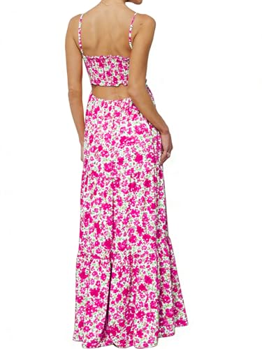 Image of Womens Summer Floral Spaghetti Strap Backless Low Cut Smocked Milkmaid Flowy Beach Sundresses