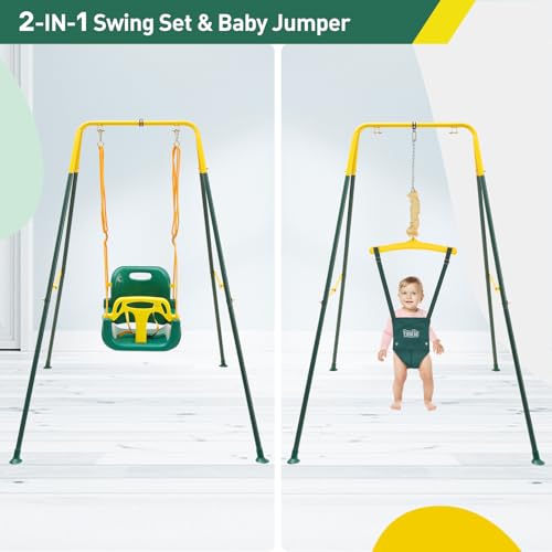 Image of FUNLIO 2 in 1 Swing Set for Toddler & Baby Jumper, Heavy Duty Kids Swing & Bouncer with 4 Sandbags, Foldable Metal Stand for Indoor /Outdoor Play, Easy to Assemble and Store - Green