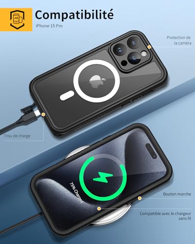Coque iPhone 15 Pro étanche avec protection écran et objectif photo noire