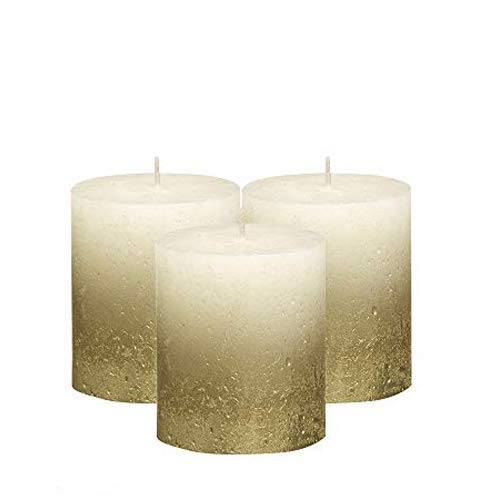 bolsius rustic unscented pillar candles - spa- approx 2.75" x 3.25" (80/68m) gold with ivory coated bottom decorative candles set of 3 -burning dripless dinner candles for wedding & home decor party