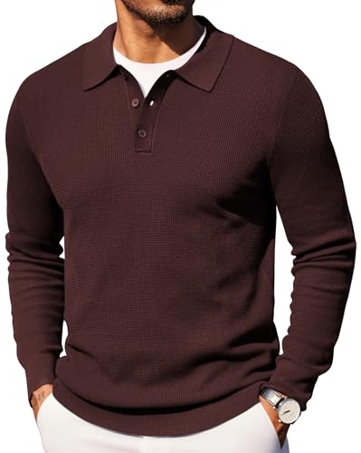 COOFANDY Mens Knit Polo Long Sleeve Sweaters Lightweight Fall Sweater Half Button Waffle Classic...