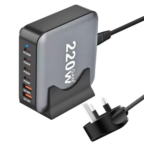 220W USB C Charger Block GaN III USB Charging Station 6 Ports QC4.0 Fast Desktop Charging Station Hub+PD 100W USB C Laptop Charger Adapter Compatible with MacBook Pro DELL Laptop tablet and phone