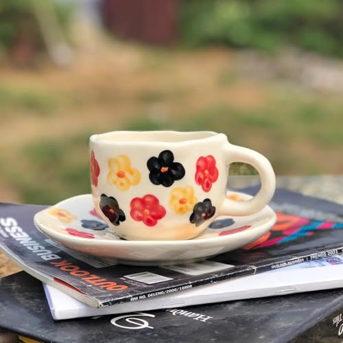 Image of Breeze Multi-Color Ceramic Cup & Saucer Set | Handmade Floral Design Tea & Coffee Cup with Saucer | 200 ml | Ideal for Latte, Cappuccino, Green Tea, Hot Chocolate & Daily Serving