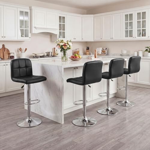 Juego de 4 butacos giratorios modernos Giantex, ajustables en altura con respaldo y reposapiés, tapizados en cuero sintético para isla de cocina y comedor, color negro + plateado miniatura 2