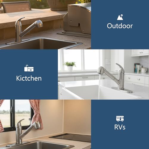 UFAUCET Low Profile Pull Out Kitchen Faucet with Sprayer, Stainless Steel Single Handle Brushed Nikcel Utility Laundry Sink Faucet 1 or 3 Hole Grifo De Cocina - Image 4