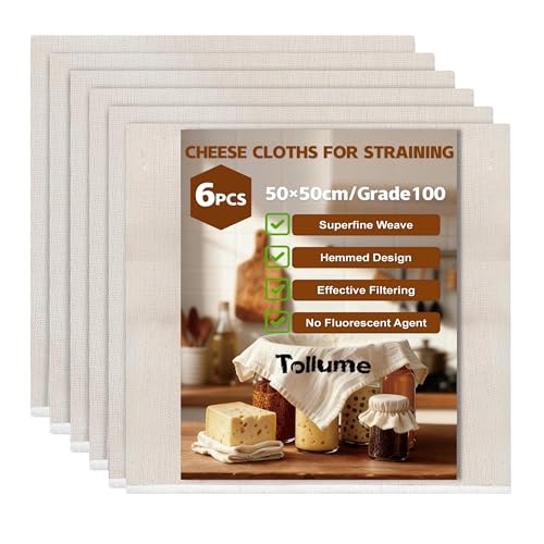 Tollume Cheese Cloths for Straining 6 PCS - Muslin Cloths for Cooking Unbleached Grade 100 50 x 50cm Washable Hemmed Cheesecloth for Straining Nut Milk Butter Juice Coffee Jam & Wine Making