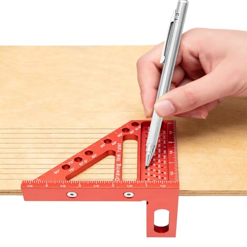 Beslands 3D Multi Angle Measuring Ruler, 22.5-90 Degree High Precision Carpenter Square Woodworking Triangle Ruler Protractor Scriber 3D Square Tool with Angle Position Pin(Red)