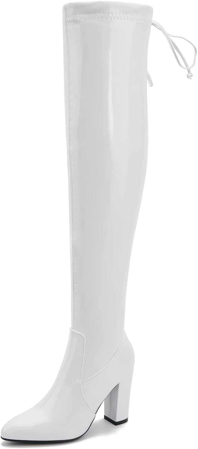 Women's Thigh High Boots Over The Knee Boot Sexy Pointed Toe Chunky Heels Boots Zipper Lace Up Long Boots