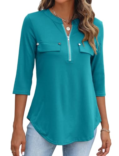 BDTECAOR Bluse Damen Elegant 3/4 Arm Oberteile Lockere V Ausschnitt Shirt Lässig Business Tunika Blaugrün XXL BDTECAOR Bluse Damen Elegant 3/4 Arm Oberteile Lockere V Ausschnitt Shirt Lässig Business Tunika Blaugrün XXL