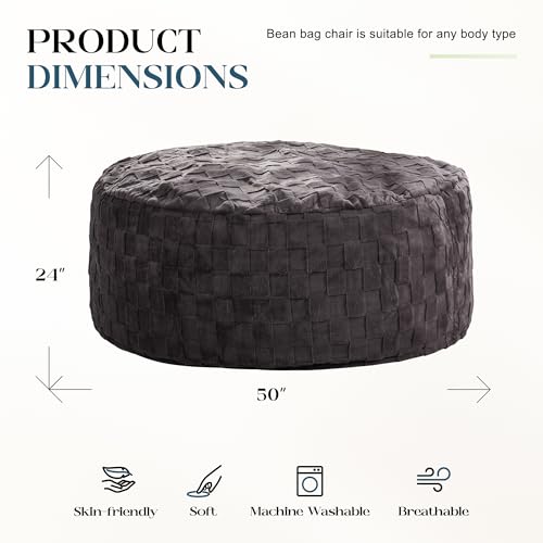 Image of Hobestluk Adults Bean Bag Chair 5FT Big BeanBag Chair Giant Large Oversized | Memory Foam,Washable Cover,Unique Fluffy Plaid,Comfy Bean Bag with Filler Lounging Gaming Bedroom Living Room | Dark Grey 5FT