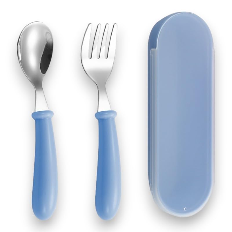 Image of Portable 2-Piece Metal Cutlery Set - Spoon & Fork with Plastic Handle and Travel Box for Lunch Box, Office, School & Home (Blue)