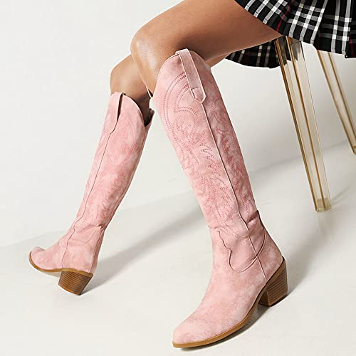 Aminugal Womens Cowgirl Boots Western Embroidered Knee High Pull On Tall Wide Calf Knee High Boots Autumn Western Cowboy Boots For Women #TOP4
