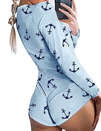 CHICME Summer Women Sexy Low Cut Long Sleeve Boat Anchor Print Buttoned Lounge Sleepwear Romper Style 0 Blue S