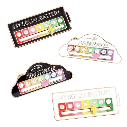 4 pines de batería social, broche divertido para el estado de ánimo social, broches decorativos deslizantes, pines de cambio de humor de 7 días, insignias de expresión de metal, pines de expresión