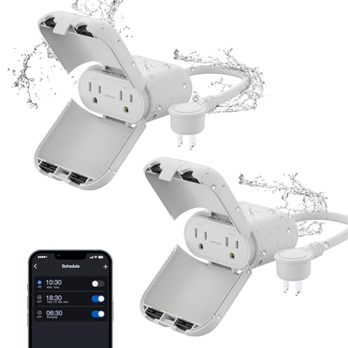 ELEGRP Outdoor Smart Dimmer Plug Waterproof IP66, Smart WiFi Plug with 2 Individually Sockets, Compatible with Alexa &amp; Google Assistant, Outdoor Dimmer for String Lights, UL Listed, 2 Pack, Grey