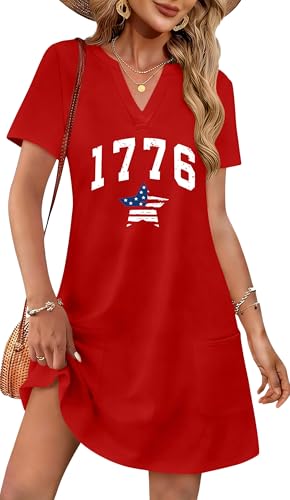 Image of Ithalt 4th of July Dresses for Women Patriotic Dress Red White and Blue Outfits American Flag V Neck Sundress with Pockets