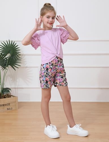 Image of mksodop Girls Clothes 2-Piece Teen Girls clothes Lace Hollow Short-Sleeved Twist T-Shirt And Floral Short Girl Summer Outfits