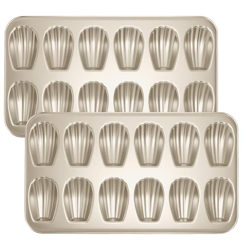 Shinsin Madeleine Pans Set of 2 Nonstick 12-Cavity Madeleines Mold Cookie Tray for Baking Heavy Duty Warp Resistant Cute Shell Shape Madeleine Mold Cake Pan-Gold