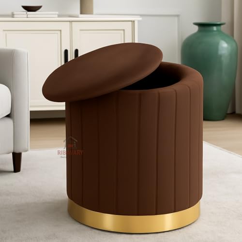 Image of Round Velvet Luxurious Storage Ottoman, Pouf with Storage Vanity Stool Chair,Upholstered Foot Rest Stool with Gold Strip Base for Living Room or Bedroom (Coffee., Large-40Dx40Wx46H)