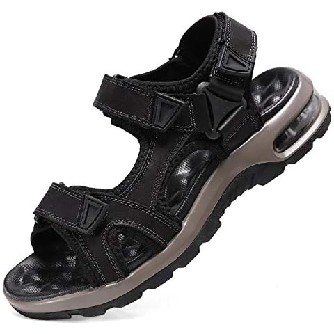visionreast Men's Outdoor Sports Sandals Velcro Trekking Sandals Leather Beach Hiking Sandals Non-Slip Summer Black Size: 9 UK Cover