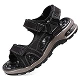 visionreast Herren Outdoor Sport Sandalen Klettverschluss Trekkingsandalen Leder Strand Wandersandalen rutschfest Sommer,43 EU, Schwarz