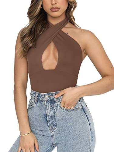Image of REORIA Butsmooth Women's Trendy Sexy Casual V Neck Double Lined Sleeveless Slimming Going Out Tank Top Bodysuits