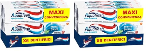 Immagine prodotto: Aquafresh Tripla Protezione, Dentifricio 3 in 1 per tutta la Famiglia, Denti Forti, Gengive Sane, Alito Fresco, Sapore Menta Fresca, Maxi Pacco 6 Dentifrici x75ml – 450ml (Confezione da 2)