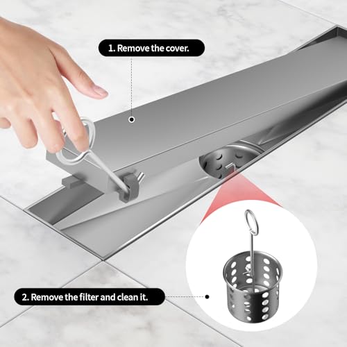 Mirravative Linear Shower Drain 48inch，Silver 304 Stainless Steel Tile Insert Cover & Adjustable Leveling Feet Shower Floor Drain with Hair Catcher Fits Balcony Bathroom by Mirravative - Used condition - Image 6